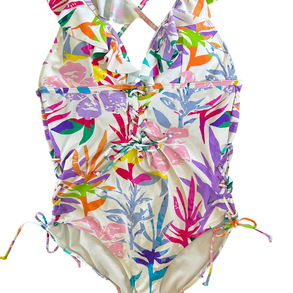 XOXO White and Colorful Tropical‎ Print Tie One Piece Ruffle Swimsuit Women's 1X - Picture 2 of 8